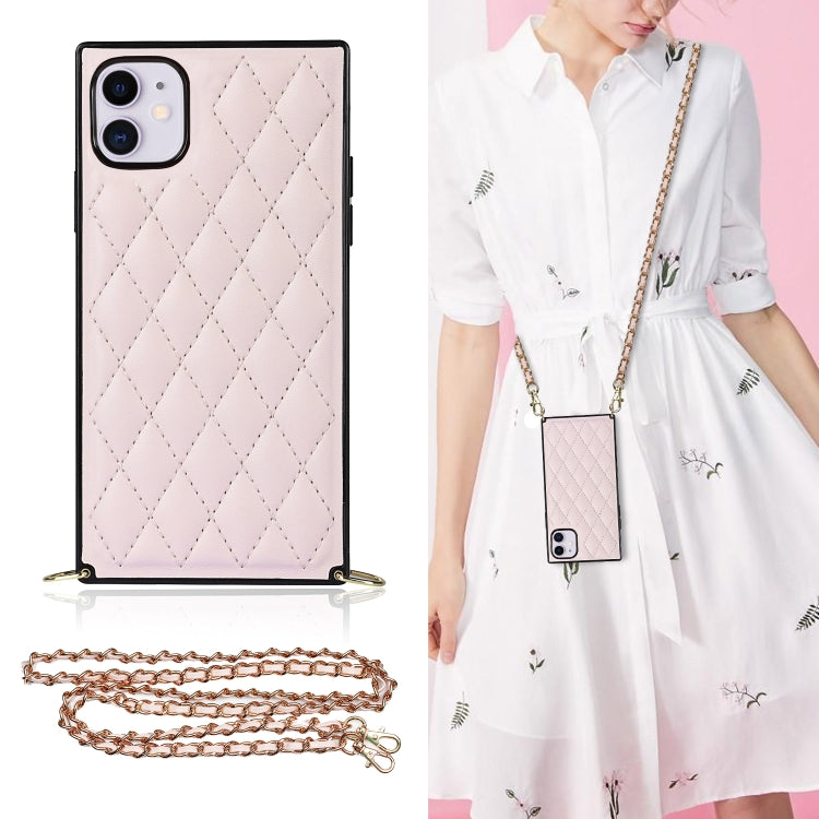 For iPhone 11 Elegant Rhombic Pattern Microfiber Leather +TPU Shockproof Case with Crossbody Strap Chain