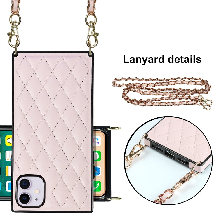 For iPhone 11 Elegant Rhombic Pattern Microfiber Leather +TPU Shockproof Case with Crossbody Strap Chain