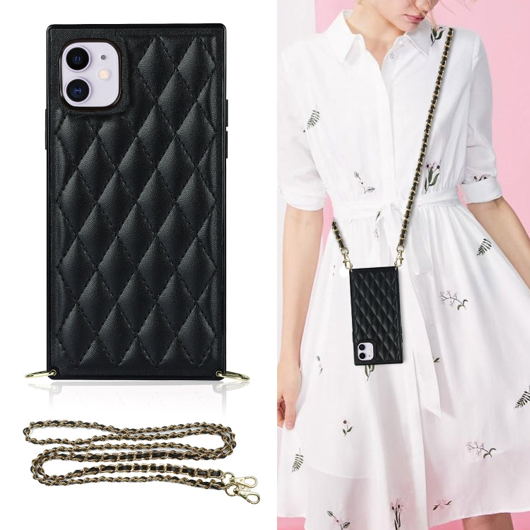 For iPhone 11 Elegant Rhombic Pattern Microfiber Leather +TPU Shockproof Case with Crossbody Strap Chain