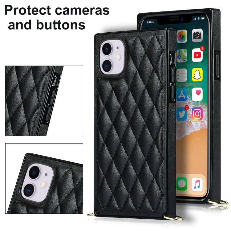 For iPhone 11 Elegant Rhombic Pattern Microfiber Leather +TPU Shockproof Case with Crossbody Strap Chain