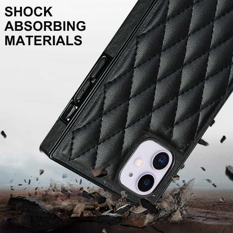 For iPhone 11 Elegant Rhombic Pattern Microfiber Leather +TPU Shockproof Case with Crossbody Strap Chain