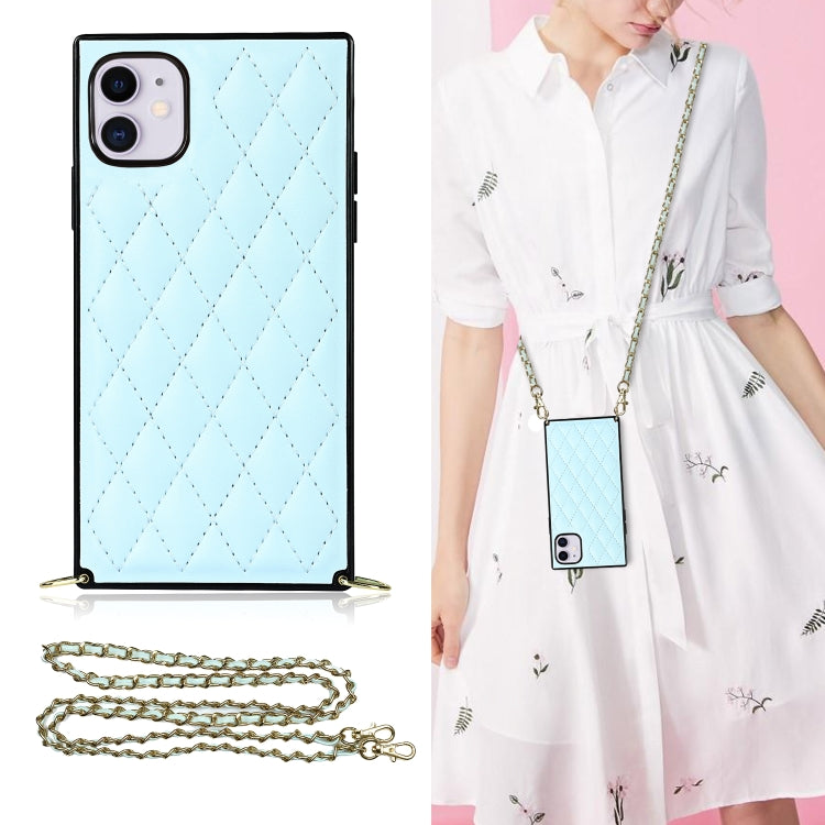 For iPhone 11 Elegant Rhombic Pattern Microfiber Leather +TPU Shockproof Case with Crossbody Strap Chain
