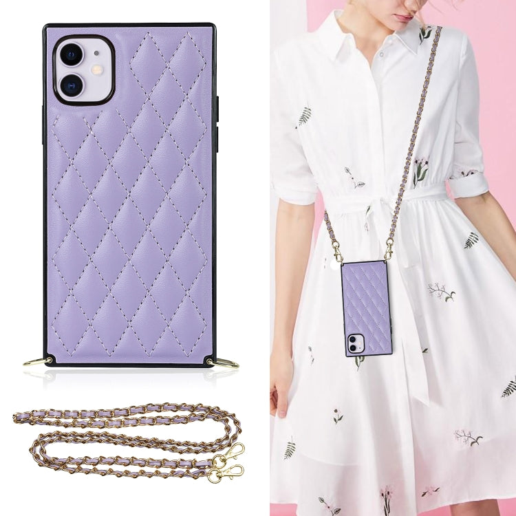 For iPhone 11 Elegant Rhombic Pattern Microfiber Leather +TPU Shockproof Case with Crossbody Strap Chain