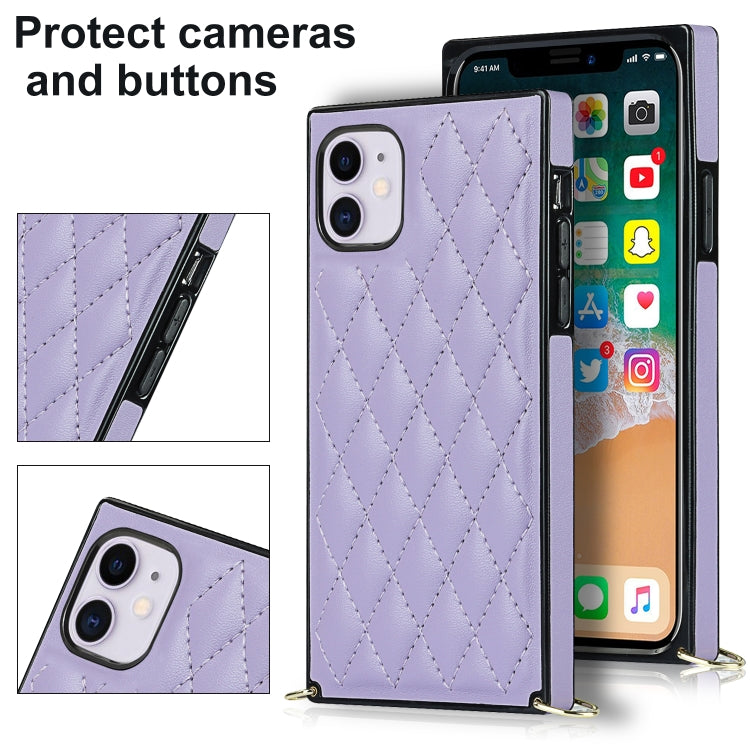 For iPhone 11 Elegant Rhombic Pattern Microfiber Leather +TPU Shockproof Case with Crossbody Strap Chain