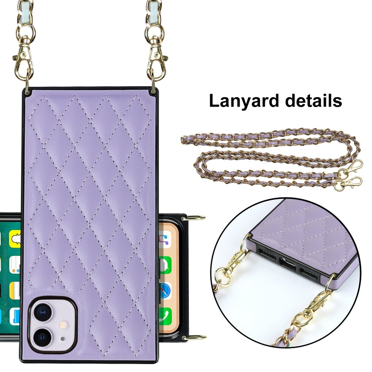 For iPhone 11 Elegant Rhombic Pattern Microfiber Leather +TPU Shockproof Case with Crossbody Strap Chain