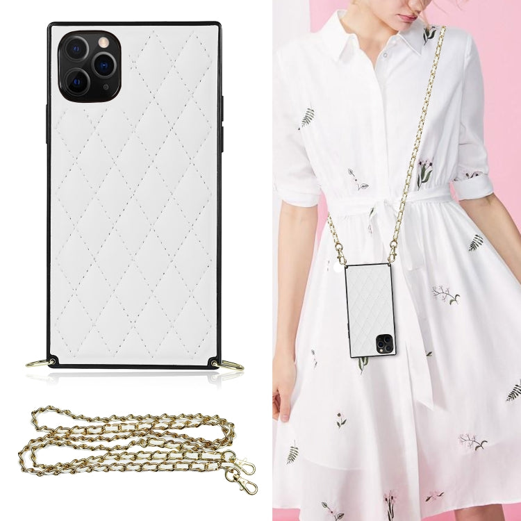 For iPhone 11 Pro Max Elegant Rhombic Pattern Microfiber Leather +TPU Shockproof Case with Crossbody Strap Chain
