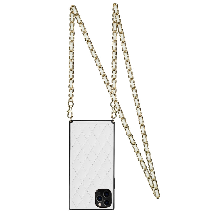 For iPhone 11 Pro Max Elegant Rhombic Pattern Microfiber Leather +TPU Shockproof Case with Crossbody Strap Chain