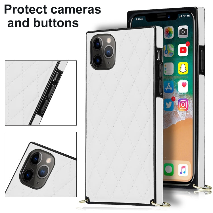 For iPhone 11 Pro Max Elegant Rhombic Pattern Microfiber Leather +TPU Shockproof Case with Crossbody Strap Chain