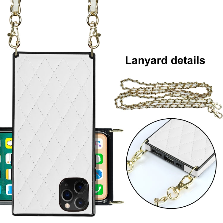 For iPhone 11 Pro Max Elegant Rhombic Pattern Microfiber Leather +TPU Shockproof Case with Crossbody Strap Chain