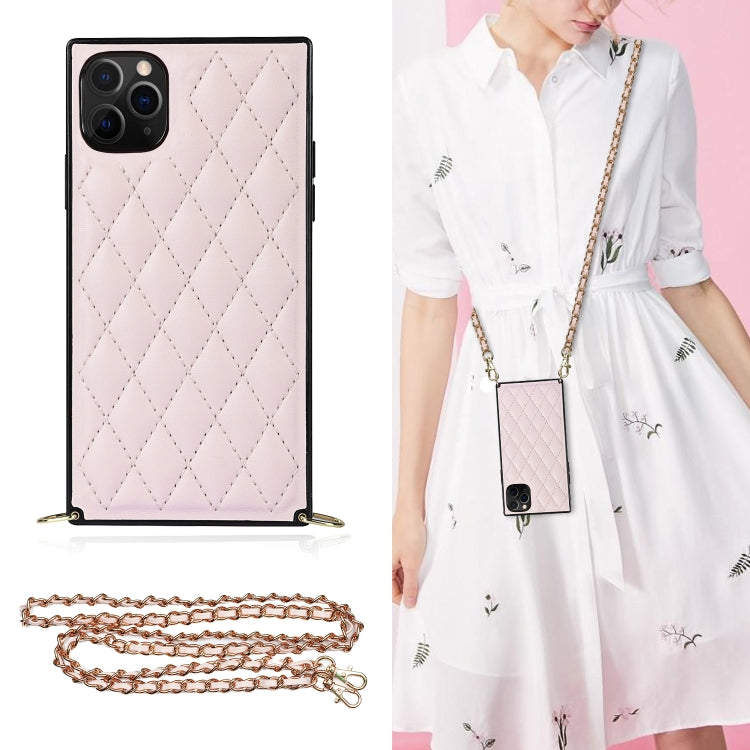 For iPhone 11 Pro Max Elegant Rhombic Pattern Microfiber Leather +TPU Shockproof Case with Crossbody Strap Chain