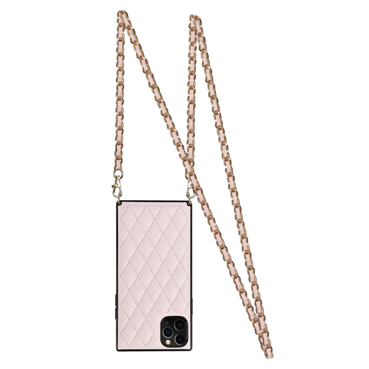For iPhone 11 Pro Max Elegant Rhombic Pattern Microfiber Leather +TPU Shockproof Case with Crossbody Strap Chain
