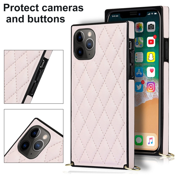 For iPhone 11 Pro Max Elegant Rhombic Pattern Microfiber Leather +TPU Shockproof Case with Crossbody Strap Chain