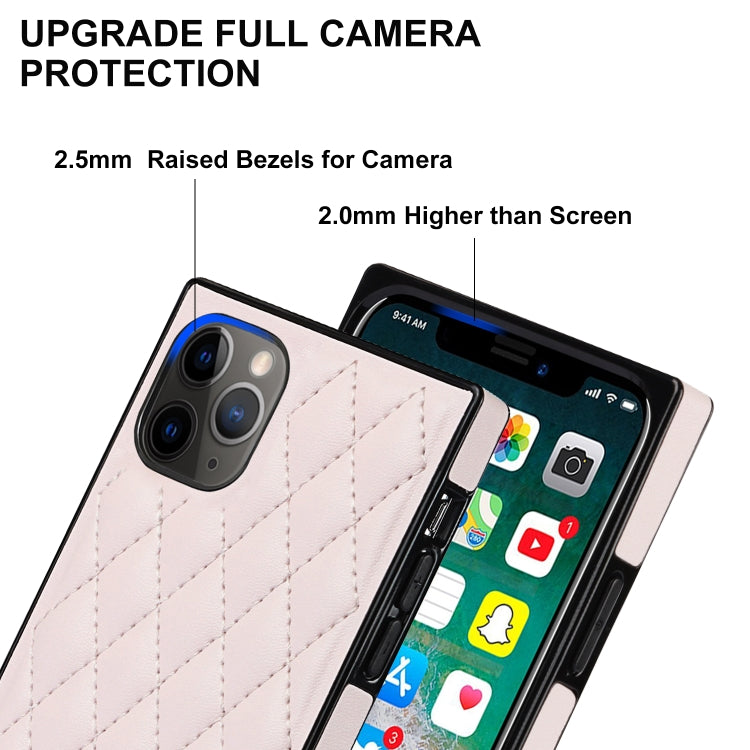 For iPhone 11 Pro Max Elegant Rhombic Pattern Microfiber Leather +TPU Shockproof Case with Crossbody Strap Chain