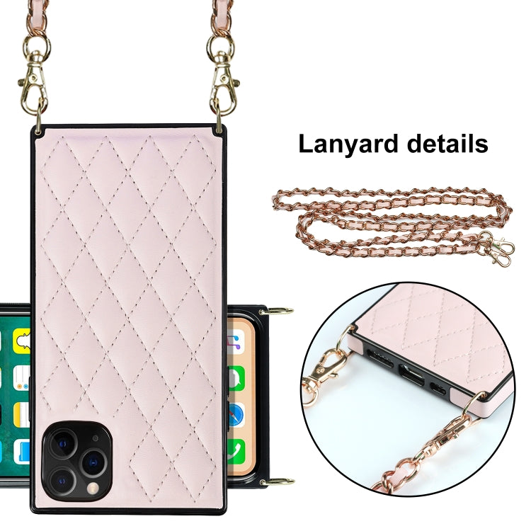 For iPhone 11 Pro Max Elegant Rhombic Pattern Microfiber Leather +TPU Shockproof Case with Crossbody Strap Chain