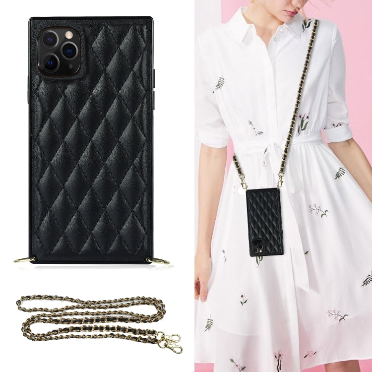 For iPhone 11 Pro Max Elegant Rhombic Pattern Microfiber Leather +TPU Shockproof Case with Crossbody Strap Chain