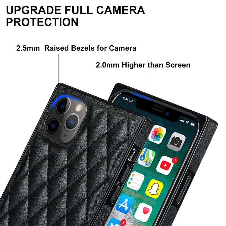 For iPhone 11 Pro Max Elegant Rhombic Pattern Microfiber Leather +TPU Shockproof Case with Crossbody Strap Chain