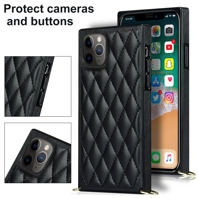 For iPhone 11 Pro Max Elegant Rhombic Pattern Microfiber Leather +TPU Shockproof Case with Crossbody Strap Chain