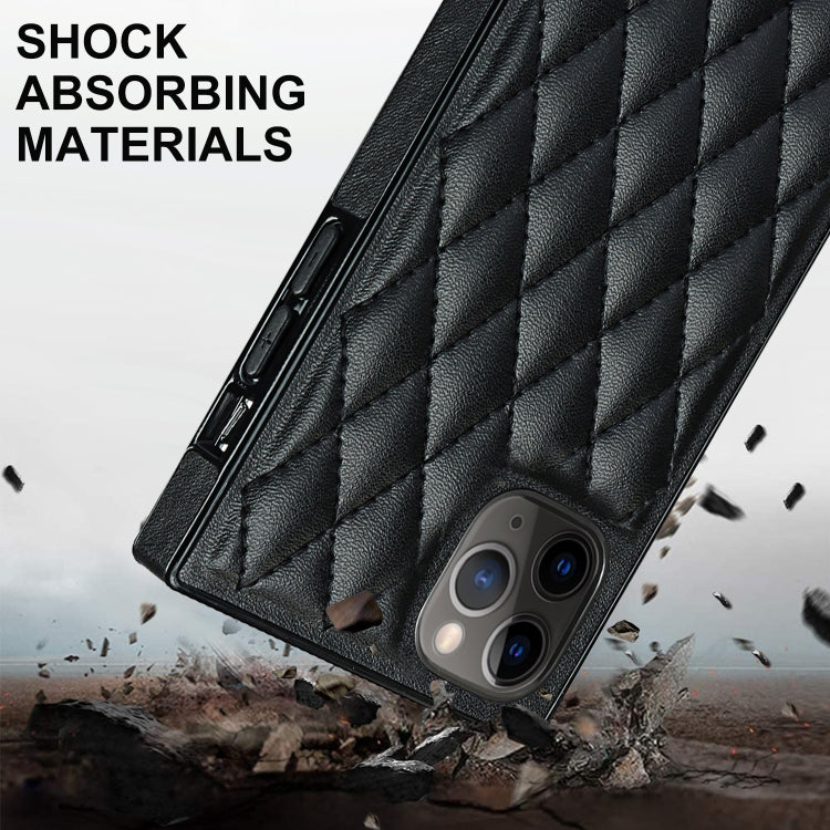 For iPhone 11 Pro Max Elegant Rhombic Pattern Microfiber Leather +TPU Shockproof Case with Crossbody Strap Chain