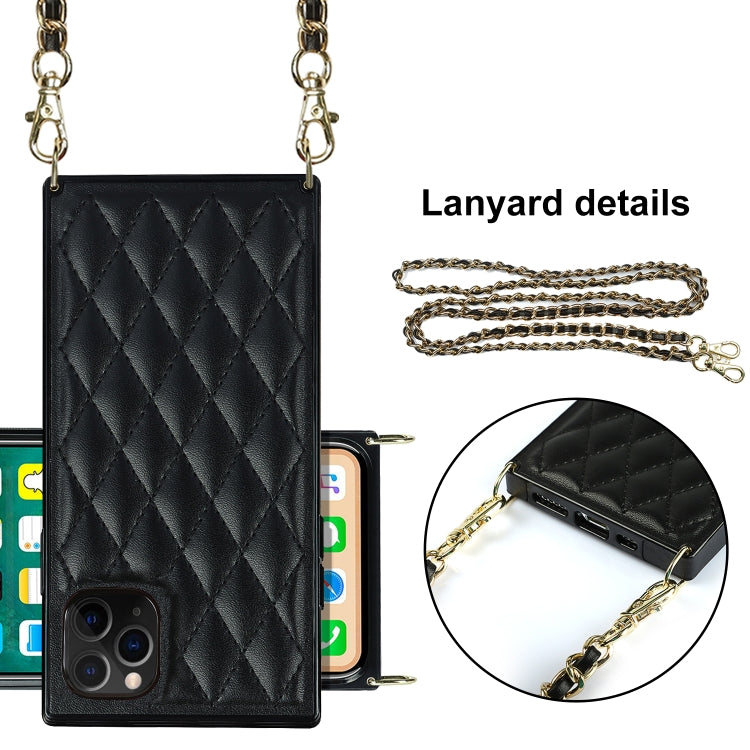 For iPhone 11 Pro Max Elegant Rhombic Pattern Microfiber Leather +TPU Shockproof Case with Crossbody Strap Chain