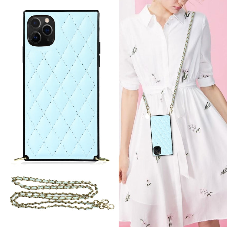 For iPhone 11 Pro Max Elegant Rhombic Pattern Microfiber Leather +TPU Shockproof Case with Crossbody Strap Chain