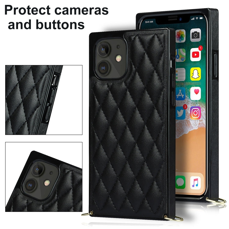 For iPhone 12 mini Elegant Rhombic Pattern Microfiber Leather +TPU Shockproof Case with Crossbody Strap Chain
