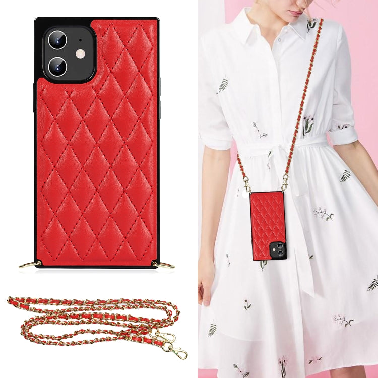 For iPhone 12 mini Elegant Rhombic Pattern Microfiber Leather +TPU Shockproof Case with Crossbody Strap Chain
