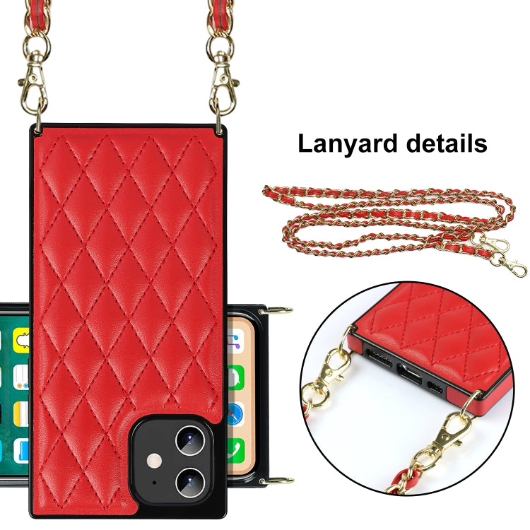 For iPhone 12 mini Elegant Rhombic Pattern Microfiber Leather +TPU Shockproof Case with Crossbody Strap Chain