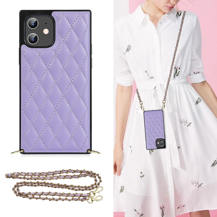 For iPhone 12 mini Elegant Rhombic Pattern Microfiber Leather +TPU Shockproof Case with Crossbody Strap Chain