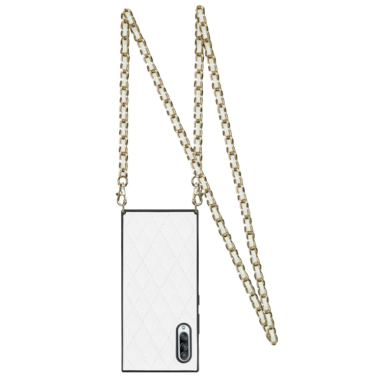 For Samsung Galaxy A90 5G Elegant Rhombic Pattern Microfiber Leather +TPU Shockproof Case with Crossbody Strap Chain