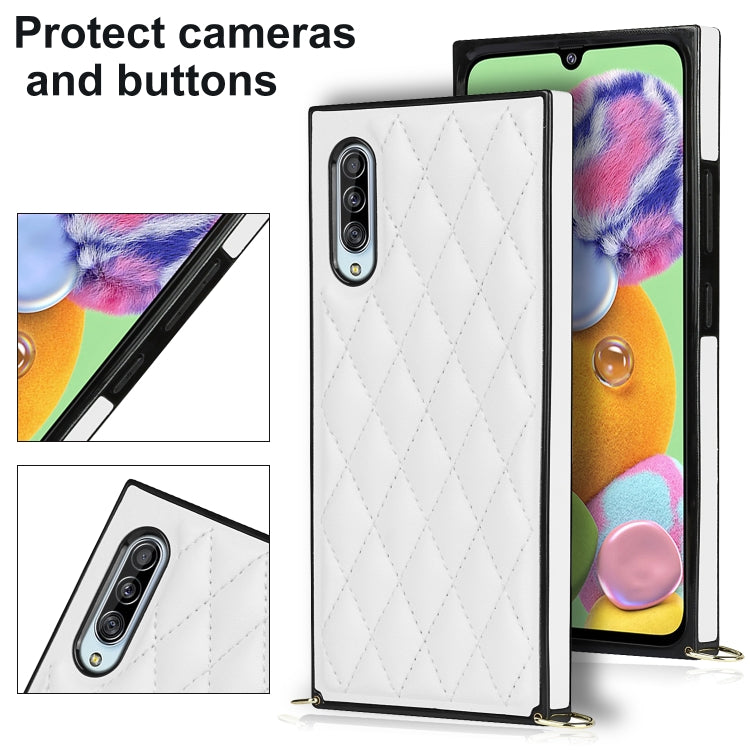 For Samsung Galaxy A90 5G Elegant Rhombic Pattern Microfiber Leather +TPU Shockproof Case with Crossbody Strap Chain