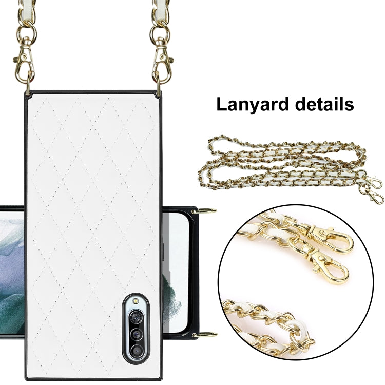 For Samsung Galaxy A90 5G Elegant Rhombic Pattern Microfiber Leather +TPU Shockproof Case with Crossbody Strap Chain
