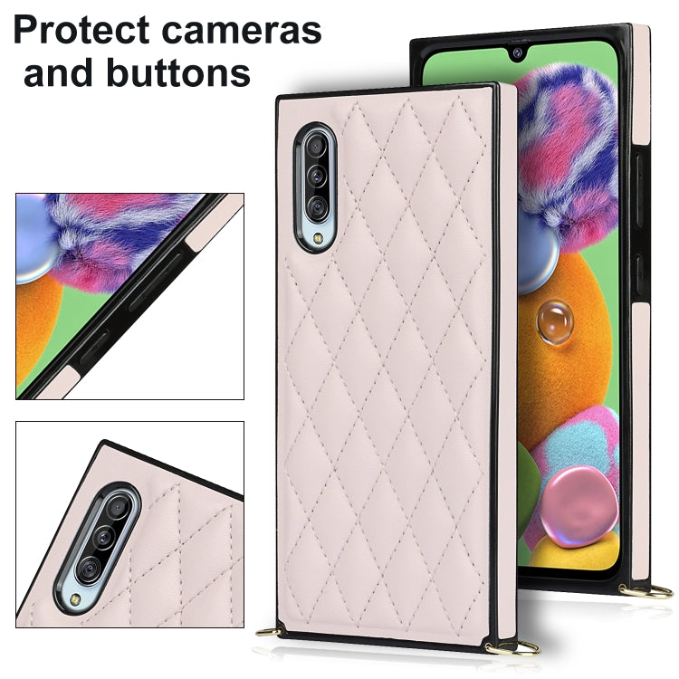 For Samsung Galaxy A90 5G Elegant Rhombic Pattern Microfiber Leather +TPU Shockproof Case with Crossbody Strap Chain