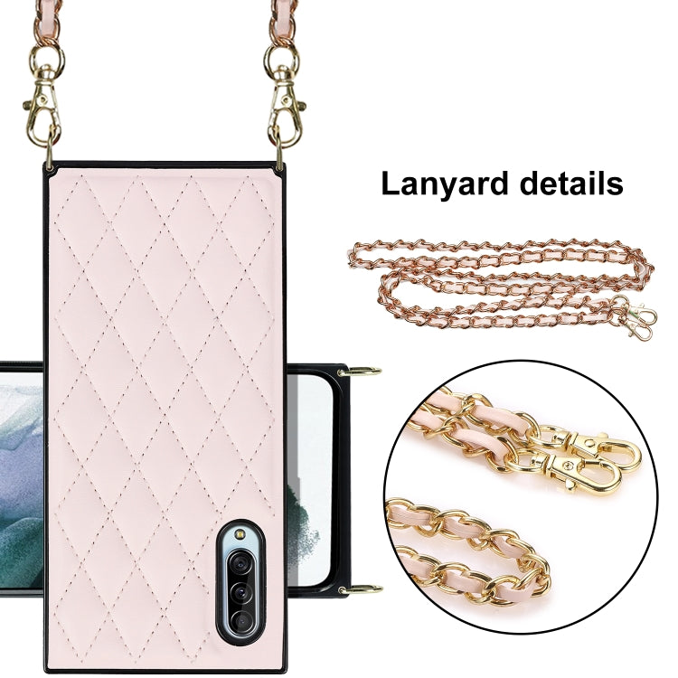 For Samsung Galaxy A90 5G Elegant Rhombic Pattern Microfiber Leather +TPU Shockproof Case with Crossbody Strap Chain