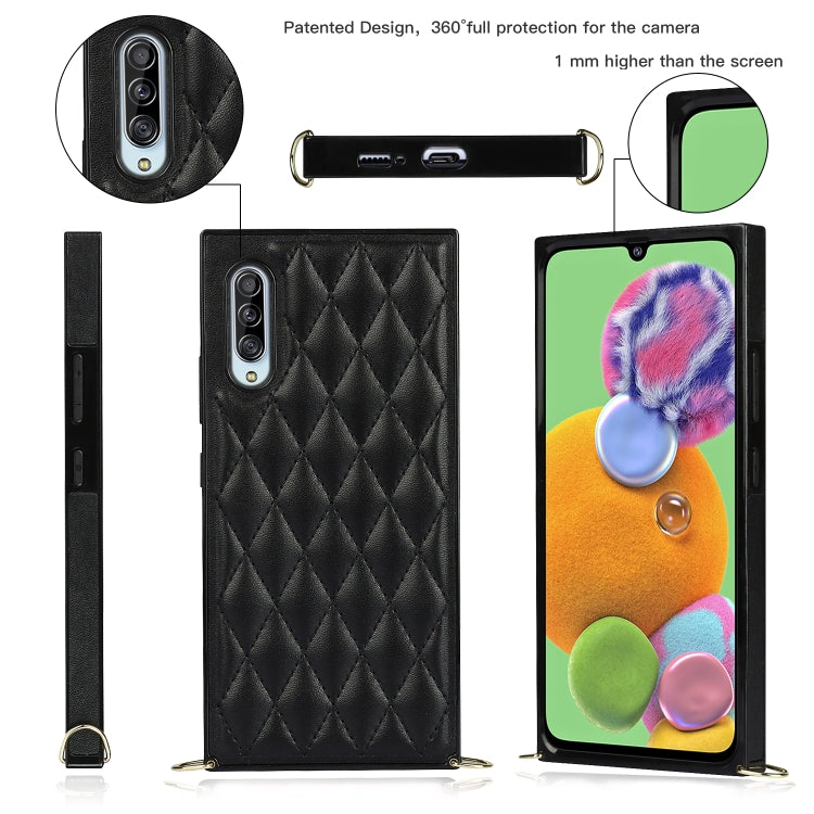 For Samsung Galaxy A90 5G Elegant Rhombic Pattern Microfiber Leather +TPU Shockproof Case with Crossbody Strap Chain