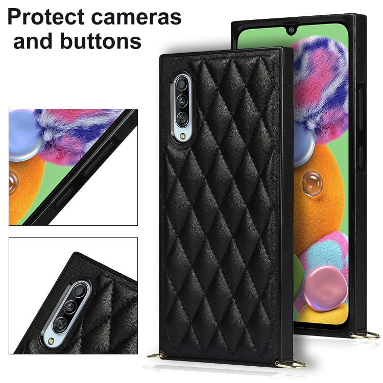 For Samsung Galaxy A90 5G Elegant Rhombic Pattern Microfiber Leather +TPU Shockproof Case with Crossbody Strap Chain