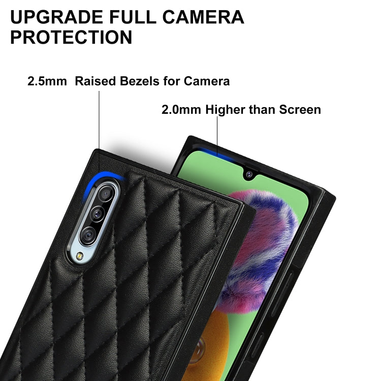 For Samsung Galaxy A90 5G Elegant Rhombic Pattern Microfiber Leather +TPU Shockproof Case with Crossbody Strap Chain