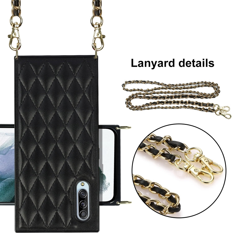 For Samsung Galaxy A90 5G Elegant Rhombic Pattern Microfiber Leather +TPU Shockproof Case with Crossbody Strap Chain