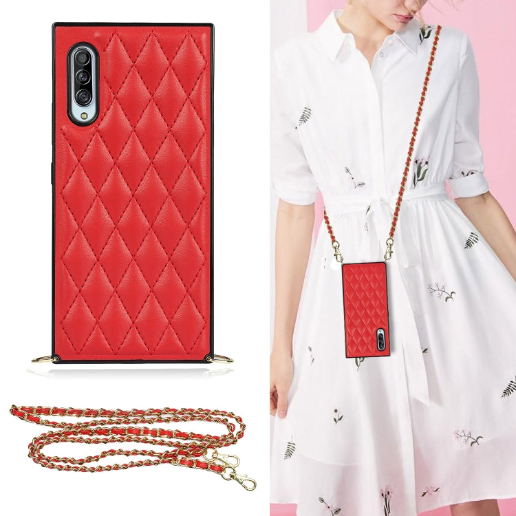 For Samsung Galaxy A90 5G Elegant Rhombic Pattern Microfiber Leather +TPU Shockproof Case with Crossbody Strap Chain