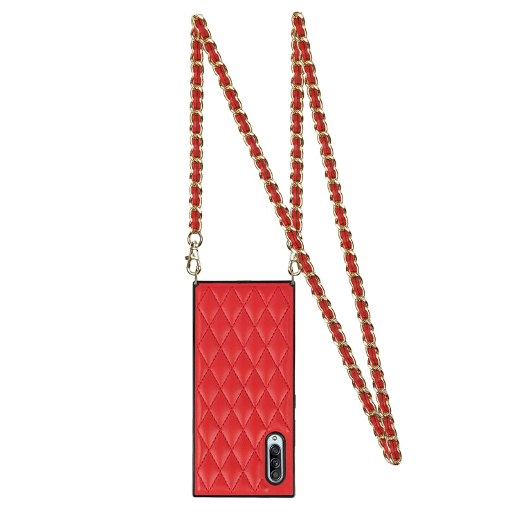 For Samsung Galaxy A90 5G Elegant Rhombic Pattern Microfiber Leather +TPU Shockproof Case with Crossbody Strap Chain