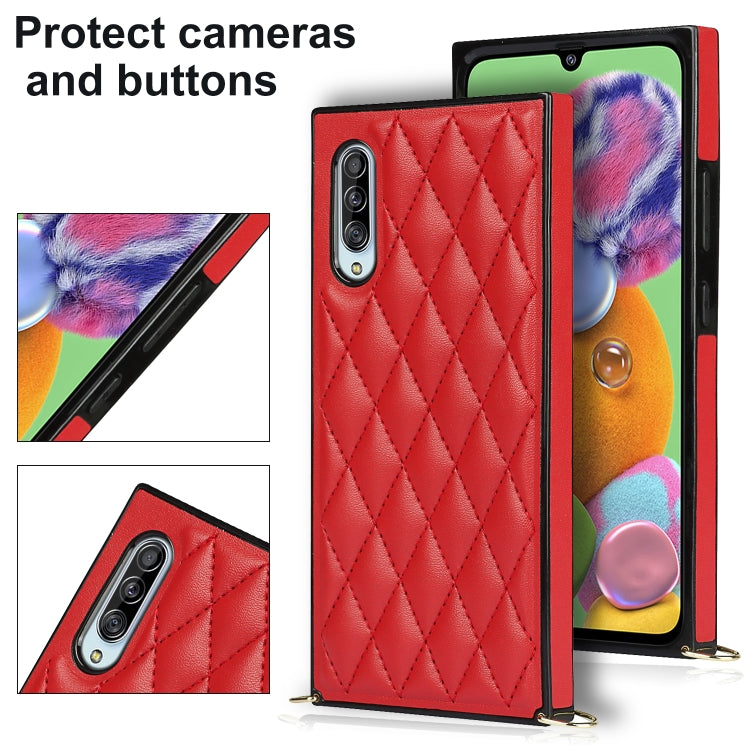 For Samsung Galaxy A90 5G Elegant Rhombic Pattern Microfiber Leather +TPU Shockproof Case with Crossbody Strap Chain