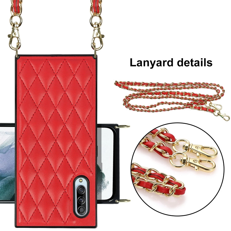 For Samsung Galaxy A90 5G Elegant Rhombic Pattern Microfiber Leather +TPU Shockproof Case with Crossbody Strap Chain