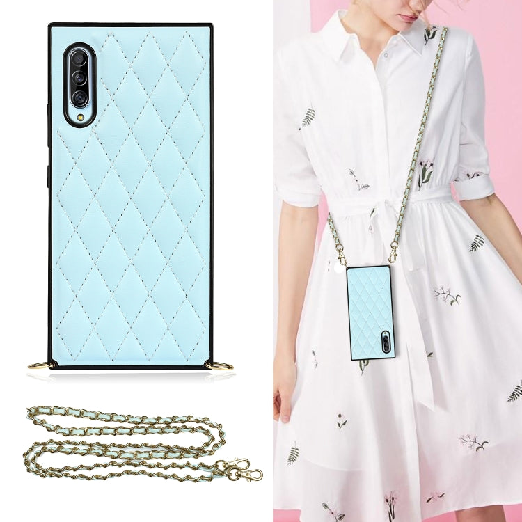 For Samsung Galaxy A90 5G Elegant Rhombic Pattern Microfiber Leather +TPU Shockproof Case with Crossbody Strap Chain