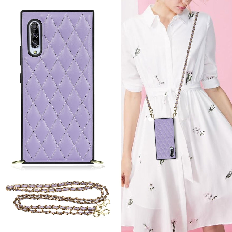 For Samsung Galaxy A90 5G Elegant Rhombic Pattern Microfiber Leather +TPU Shockproof Case with Crossbody Strap Chain
