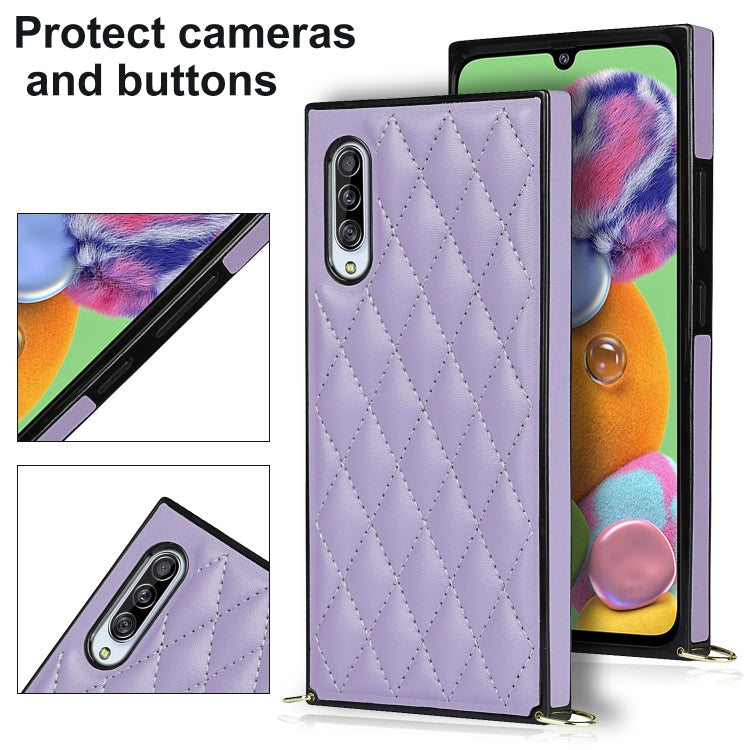 For Samsung Galaxy A90 5G Elegant Rhombic Pattern Microfiber Leather +TPU Shockproof Case with Crossbody Strap Chain