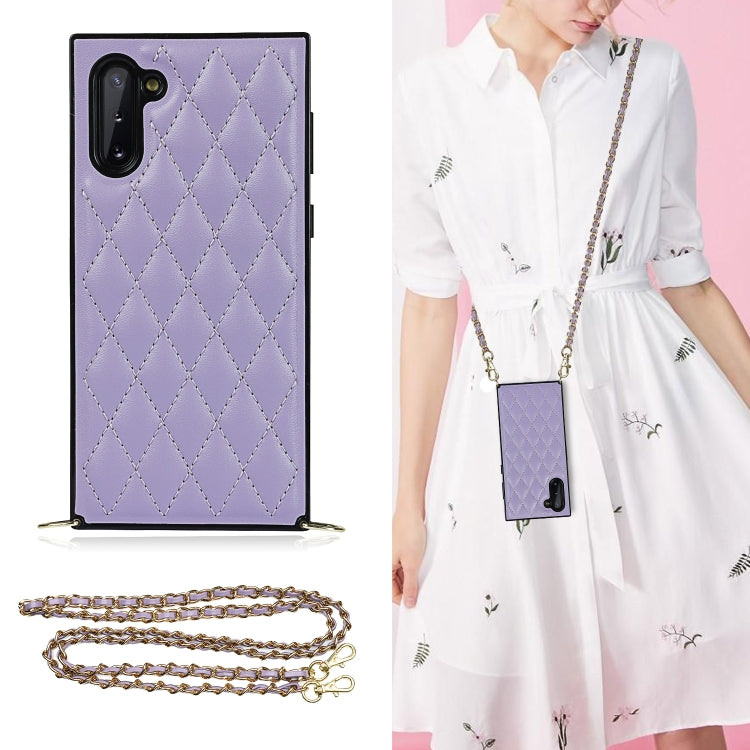 For Samsung Galaxy Note10 Elegant Rhombic Pattern Microfiber Leather +TPU Shockproof Case with Crossbody Strap Chain
