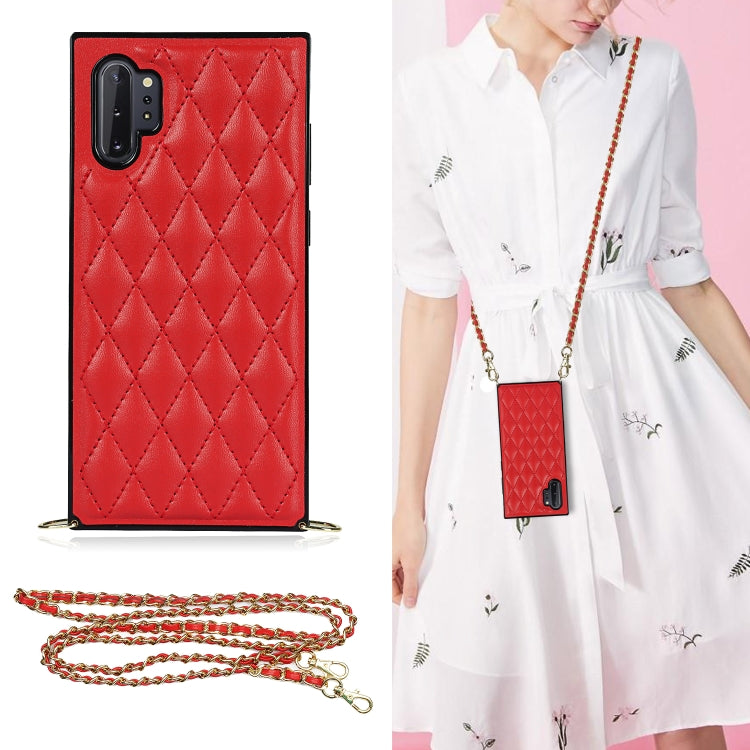 For Samsung Galaxy Note10+ Elegant Rhombic Pattern Microfiber Leather +TPU Shockproof Case with Crossbody Strap Chain