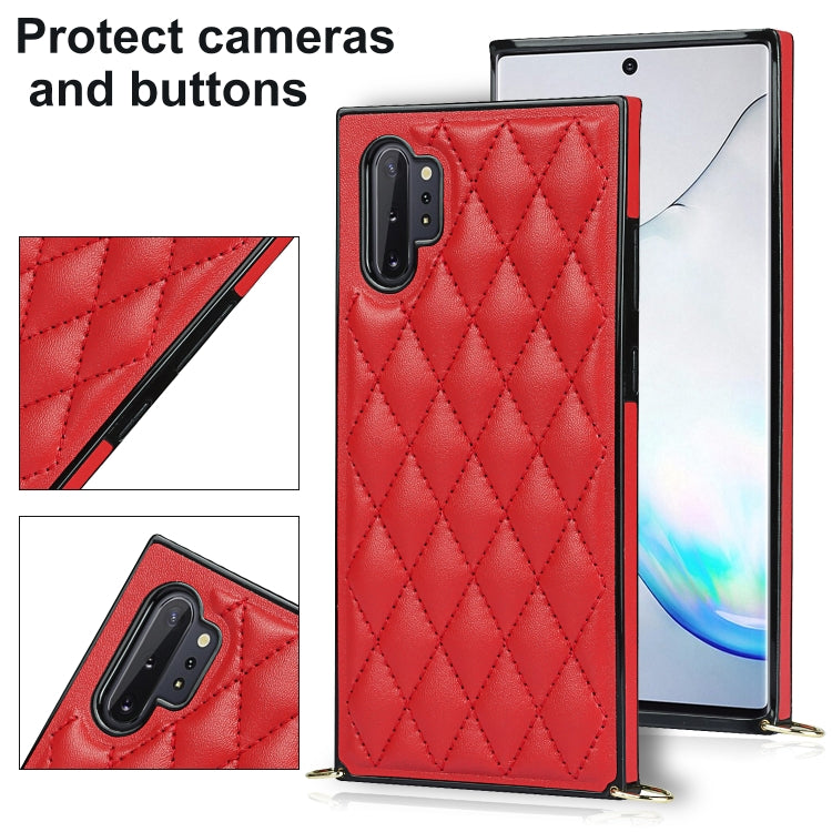 For Samsung Galaxy Note10+ Elegant Rhombic Pattern Microfiber Leather +TPU Shockproof Case with Crossbody Strap Chain