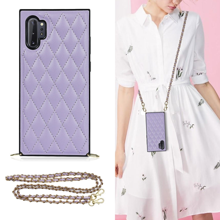 For Samsung Galaxy Note10+ Elegant Rhombic Pattern Microfiber Leather +TPU Shockproof Case with Crossbody Strap Chain