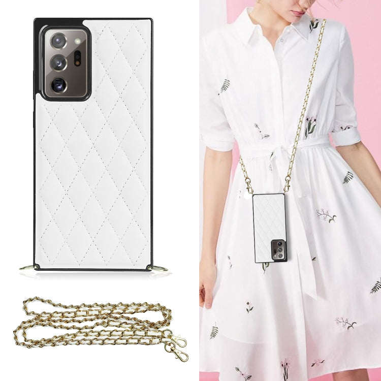 For Samsung Galaxy Note20 Ultra Elegant Rhombic Pattern Microfiber Leather +TPU Shockproof Case with Crossbody Strap Chain