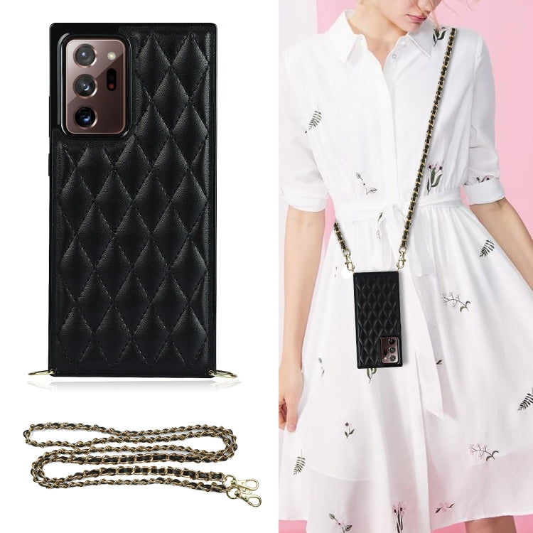 For Samsung Galaxy Note20 Ultra Elegant Rhombic Pattern Microfiber Leather +TPU Shockproof Case with Crossbody Strap Chain